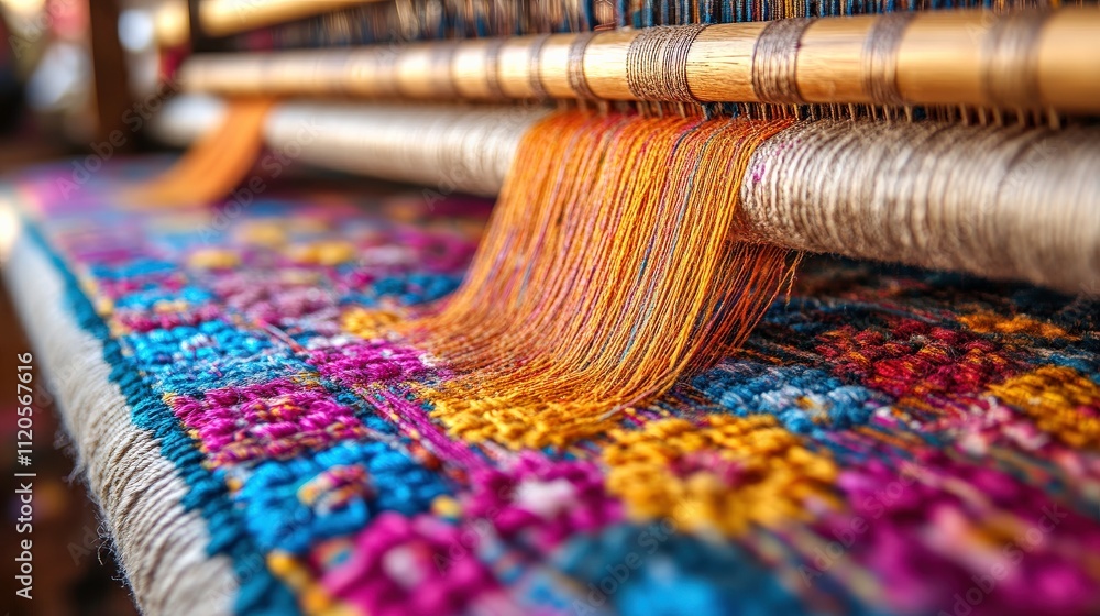 Poster close-up view of colorful threads and traditional weaving process on a loom, showcasing craftsmanshi