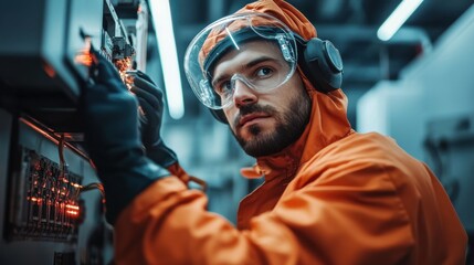 Focused technician in safety gear working on complex machinery in a modern industrial setting