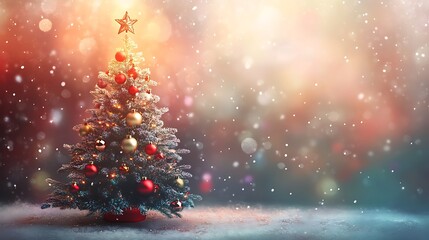 Naklejka premium A decorated Christmas tree set against a blurred, magical background.