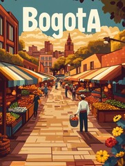 Obraz premium Colorful market stalls line a lively street in Bogota, filled with fresh fruits and vegetables.