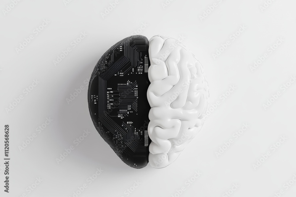Poster a brain with a black and white computer chip inside of it