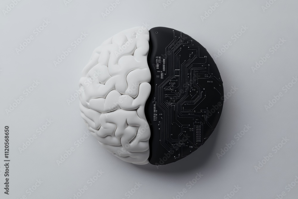 Poster a brain with a black and white computer chip inside of it