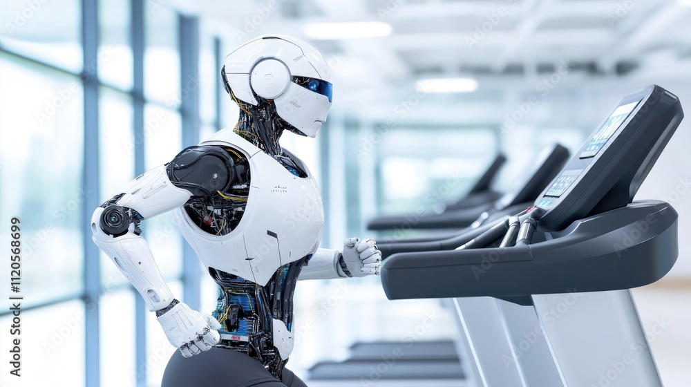 Poster a humanoid robot running on a treadmill in a modern gym.