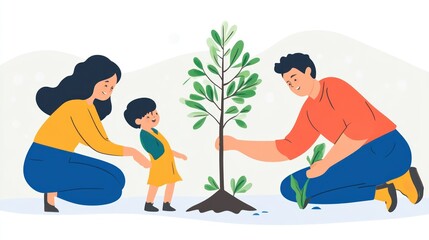 Happy family planting a tree together outdoors.