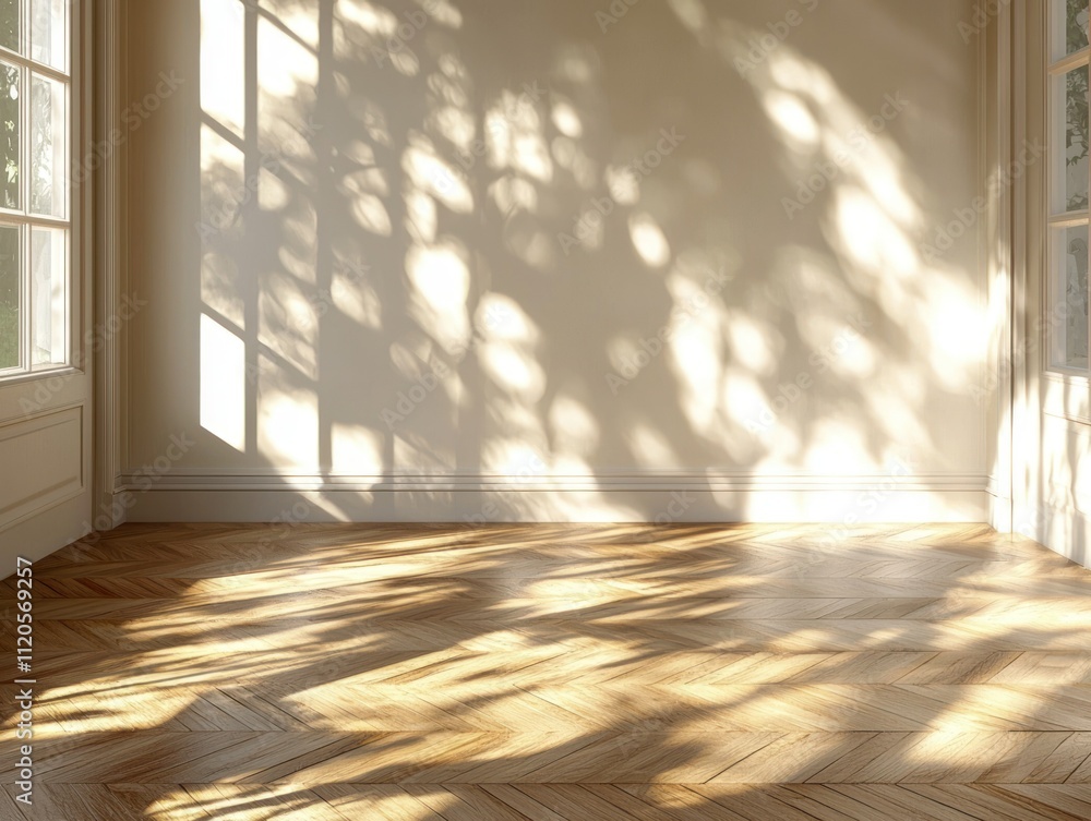 Poster sunlight casting shadows in a serene empty room.