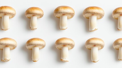 High-key shot of fresh champignon mushrooms, minimalistic setup on pure white, detailed stems and caps, ideal for packaging or ad use