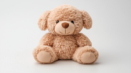 Fototapeta premium Small fluffy stuffed puppy, rich brown color, isolated on a white background, conveying a heartwarming, playful energy for pet-friendly toy ads