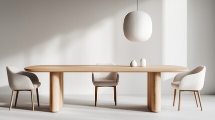 Elegant wooden dining table and fabric chairs in modern minimalist style, isolated on a white background, perfect for catalog ads