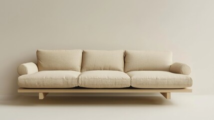 A modern, minimalist beige sofa with plush cushions against a neutral wall.