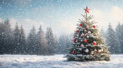 A beautifully decorated Christmas tree set in a snowy winter landscape, capturing the essence of the season.