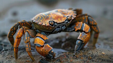 A mechanical crab with intricate circuitry patterns on its shell, blending nature and technology.