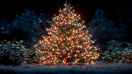 Illuminated christmas tree with red ornaments in a night garden