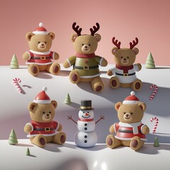 Obraz premium Adorable Christmas scene with five 3D teddy bears dressed as Santa and reindeer surrounding a smiling snowman on a festive winter background.
