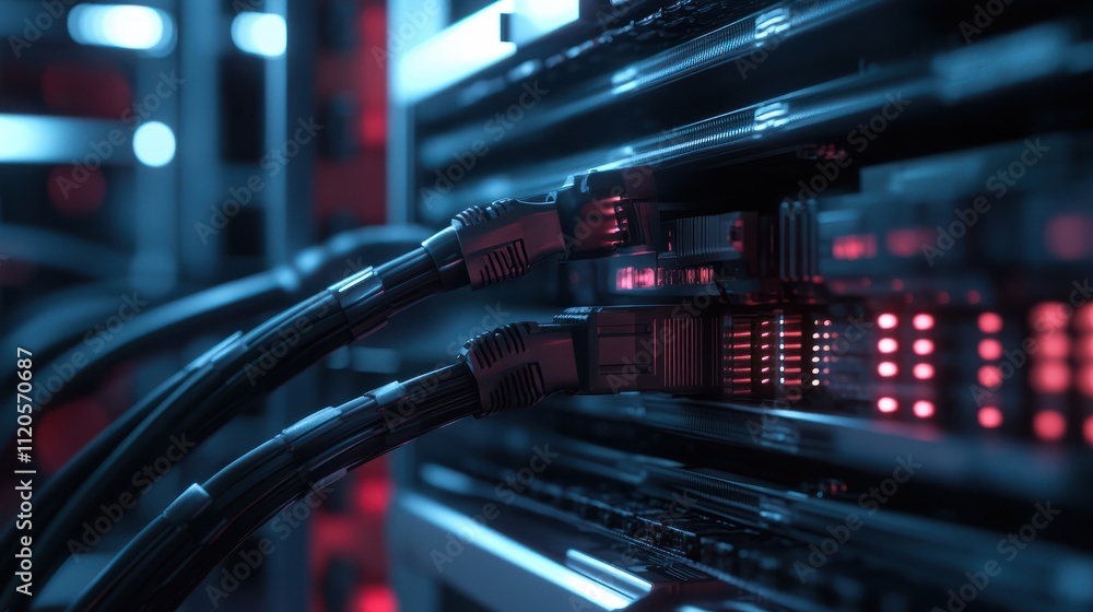 Poster close-up of network cables connected to a server in a data center
