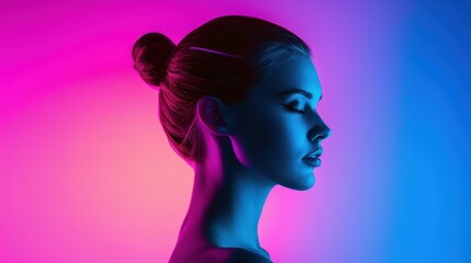 A striking image of a confident woman in neon light, embodying themes of mind control and telepathy in a surreal fusion.
