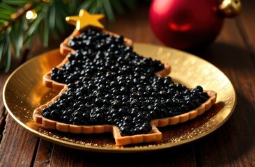 Christmas table black caviar laid out on a golden plate in the shape of a Christmas tree, on the right there is space for text 