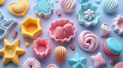 A colorful assortment of decorative baking molds and sweets in pastel shades.