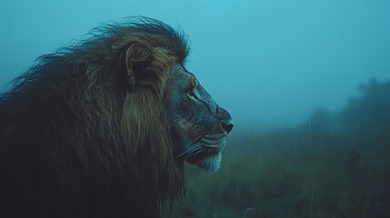 Naklejka premium Majestic male lion profile in misty dawn.