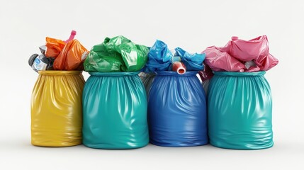 Plastic bags full of garbage and waste bin on white background