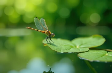 Dragonfly flies over a pond