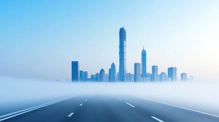Fototapeta premium A foggy city skyline emerging from a misty road.