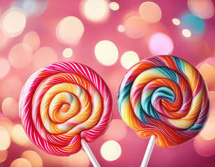 Two colorful spiral lollipops featuring swirling patterns of pink, orange, yellow, and blue against a pink bokeh background.
