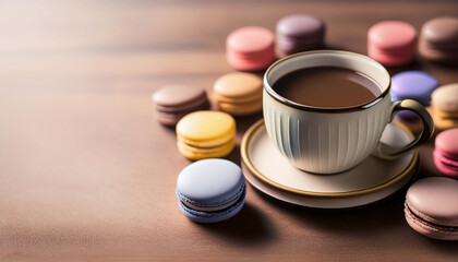 A cup of coffee with colorful French macarons on Wooden Table