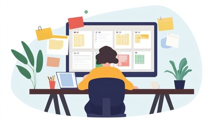 Person working on computer with multiple documents and sticky notes.