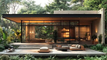 Obraz premium Modern jungle house with expansive glass walls, outdoor patio, and lush landscaping.