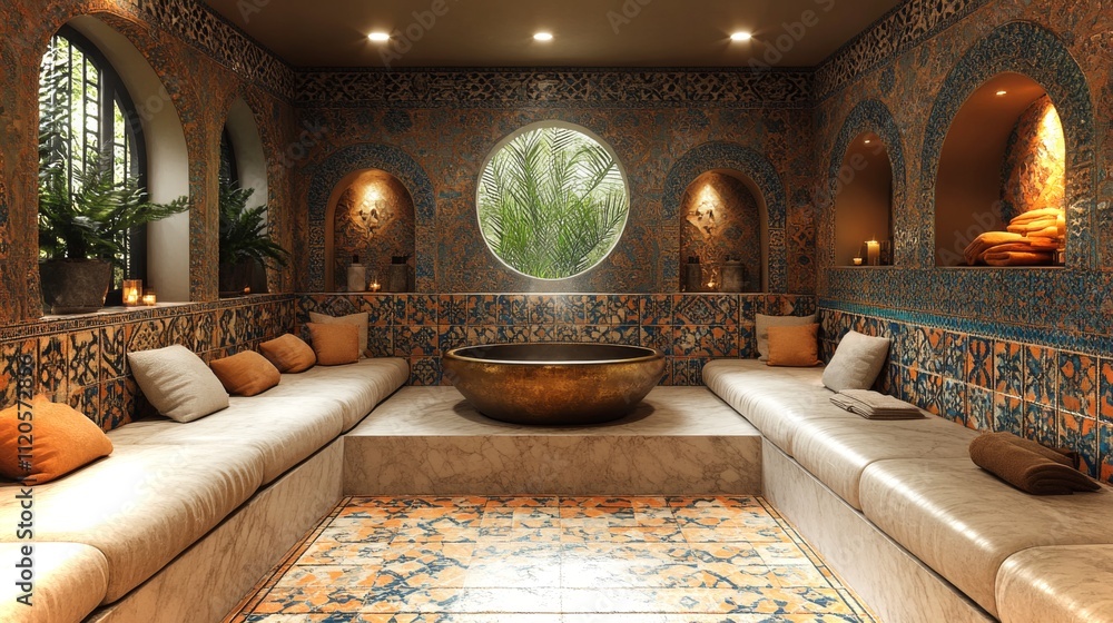 Poster a tranquil spa interior showcases a golden basin surrounded by elegant tile patterns, comfortable se