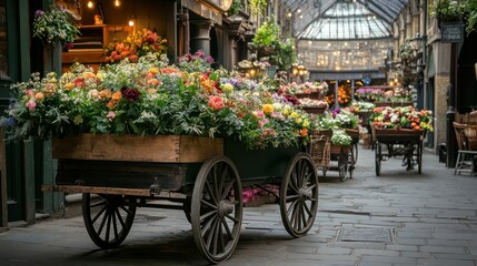 Rustic Flower Carts in Covent Garden Market Square, London, Adorned with Lush Greenery and Floral Arrangements