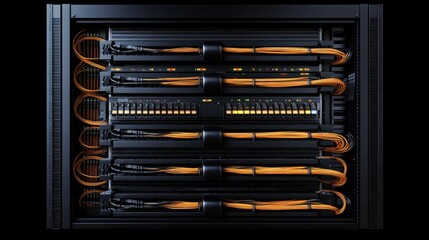 Obraz premium Server racks, electric cables and wires representing fiber optic internet equipment for a data center, technology and network background banner