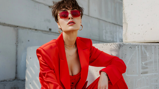 Generation Z fashion model with brunette short hair and a nose piercing, posing in sunglasses and a red suit, sitting on a concrete cube against a gray background.