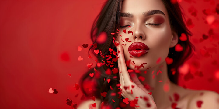 Beauty woman blowing air kiss with closed eyes and red lipstick surrounded by red hearts confetti on red background for valentine's day