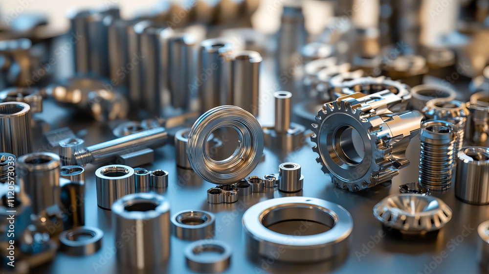 Poster precision metal components on display in a detailed close-up