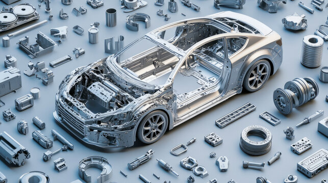 Detailed assembly of a car with disassembled auto parts in a workshop setting