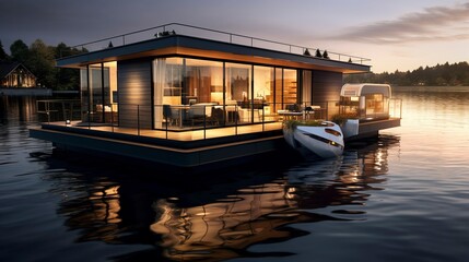 Luxury floating house with illuminated interior at dusk,