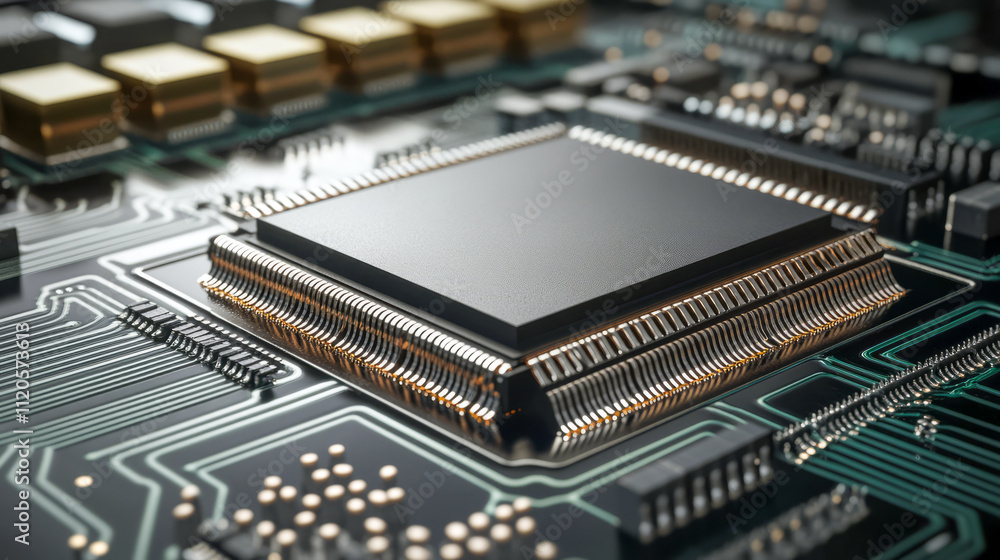 Poster close-up of a modern microchip on a circuit board