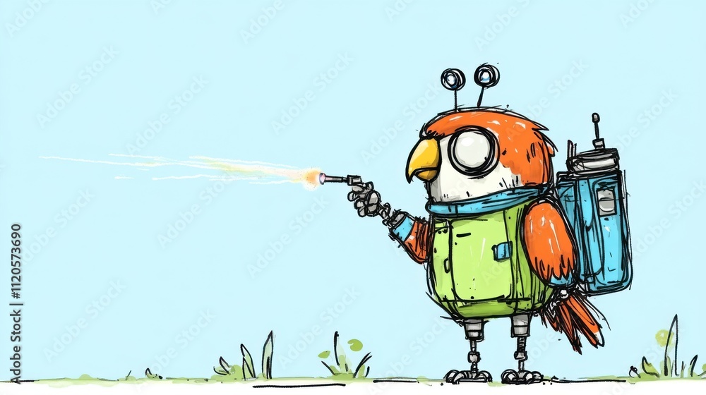 Poster whimsical robot bird character with jetpack and laser blaster in a fun illustrated style