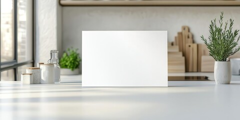 A blank canvas on a kitchen counter surrounded by plants and jars, ideal for creative projects.