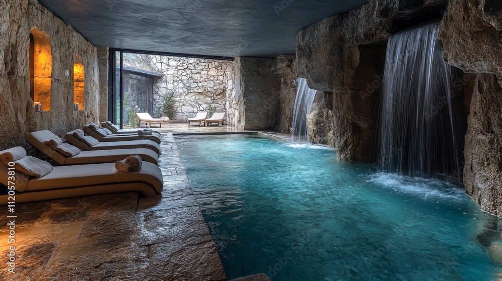 Poster this luxurious spa offers a serene ambiance with calming waterfalls and comfortable loungers surroun