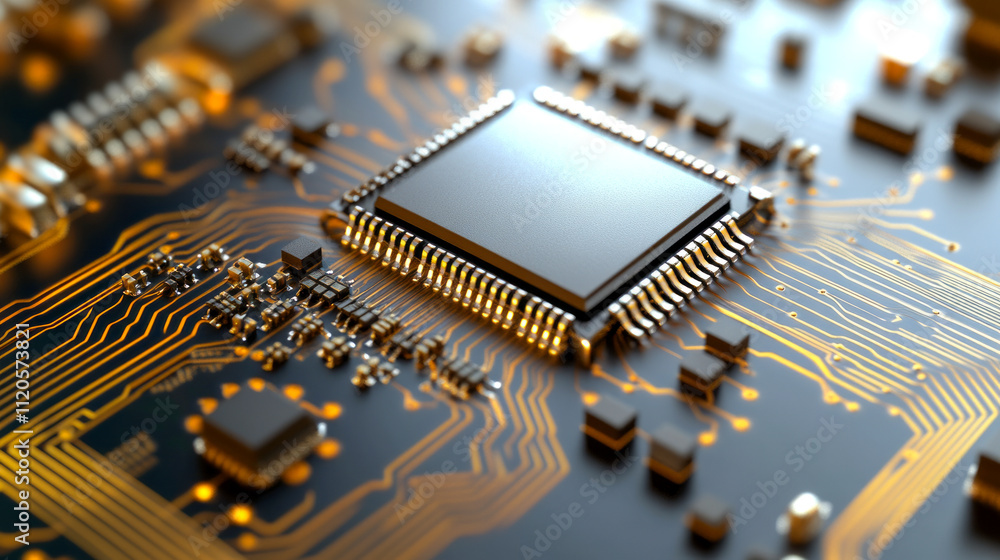 Poster close-up of microchip on circuit board with golden traces