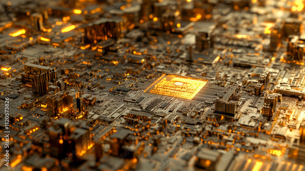 Aufkleber glowing circuit board close-up with illuminated microchip center