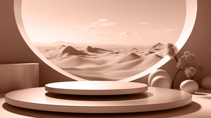 Round Stage Displaying Products With Desert Landscape Background, Perfect For Showcasing Cosmetics Or Other Beauty Products. Demonstrating Color Of 2025 Year - Mocha Mousse.