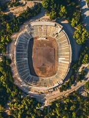 Aerial drone photo of iconic ancient Panathenaic stadium or Kalimarmaro birthplace of the original Olympic games, Athens historic centre, Attica, Greece