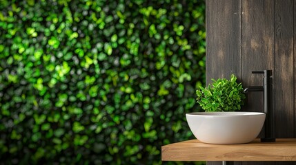 Small apartment WC, wood-veneer washbasin, soft recessed lights, decorative wall art, greenery