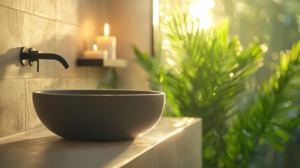 Fototapeta premium Small bathroom, black fixtures, wall-mounted sink, floating decor shelf, candles and plants