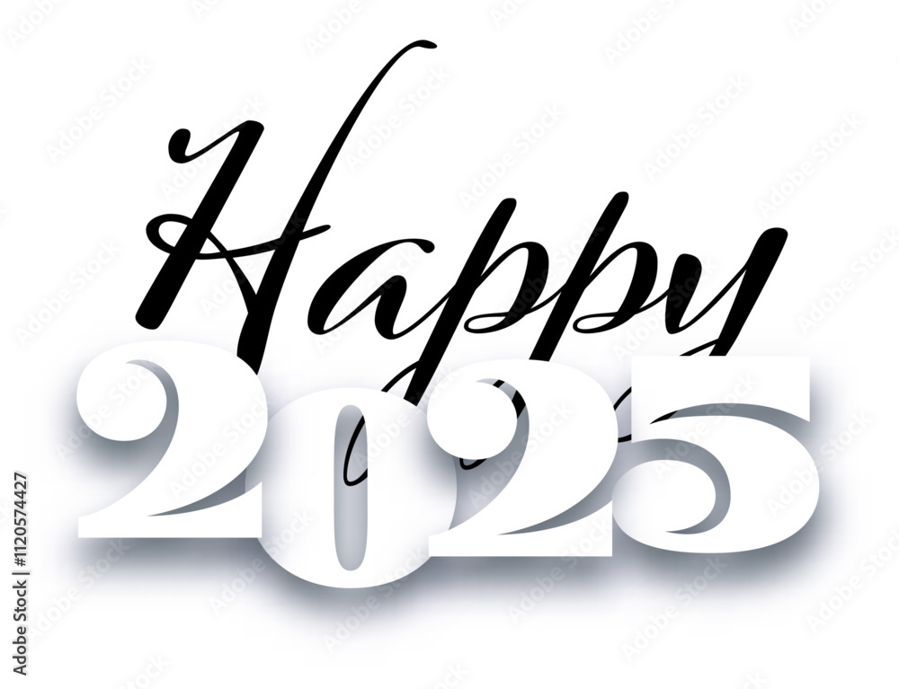 Poster vector illustration of happy 2025 featuring elegant black script and bold white numerals with subtle