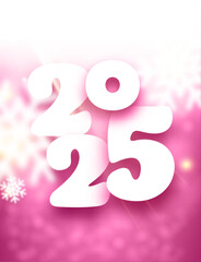 Obraz premium Elegant vector illustration of 2025 in a soft pink gradient background featuring delicate snowflakes and glowing effects.