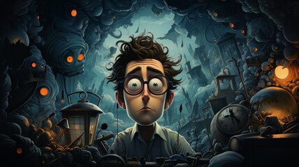 sleep-deprived man tired from midnight work, computer developer, cartoon style. 